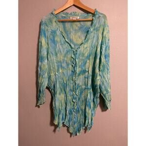 Coldwater Creek Womens Tunic 2X Blue Green Tie Dye Ruffle Semi Sheer Fairy Boho